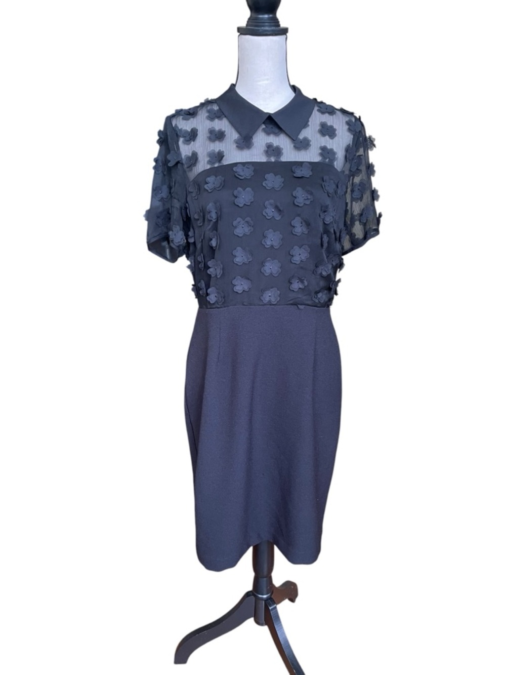 Karl Lagerfeld Black Floral-Applique Midi Dress with Sheer Yoke